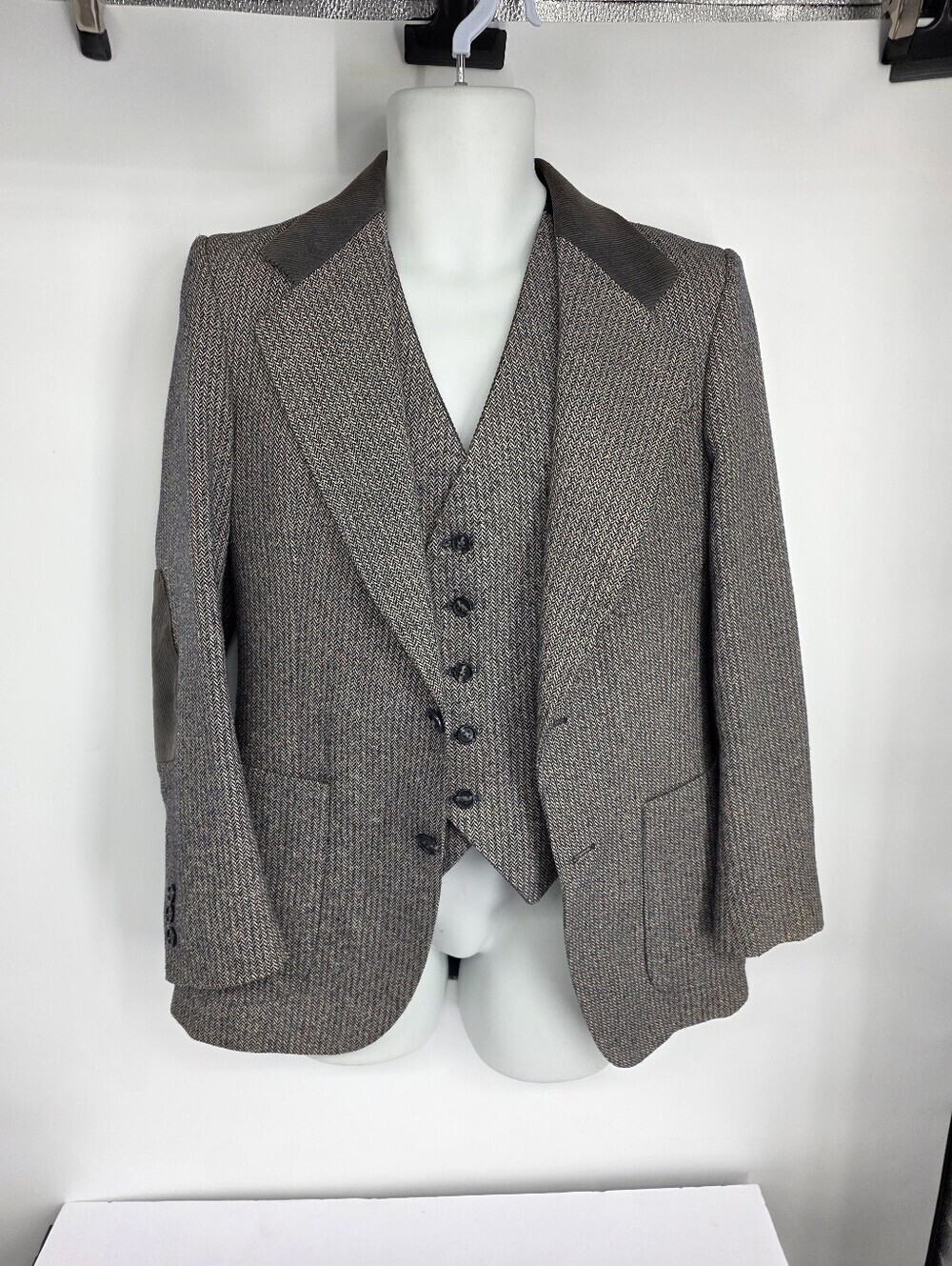 Vtg Members Only Europe Craft Herringbone Tweed Blazer Vest Set 38 Elbow Patch